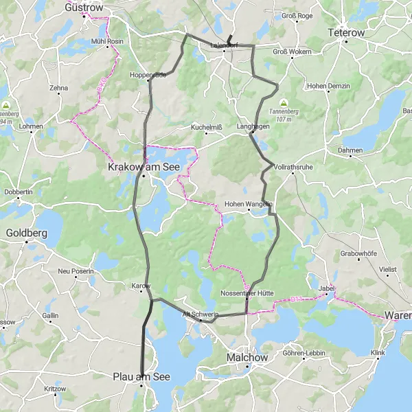 Map miniature of "The Lakes and Castles of Mecklenburg" cycling inspiration in Mecklenburg-Vorpommern, Germany. Generated by Tarmacs.app cycling route planner