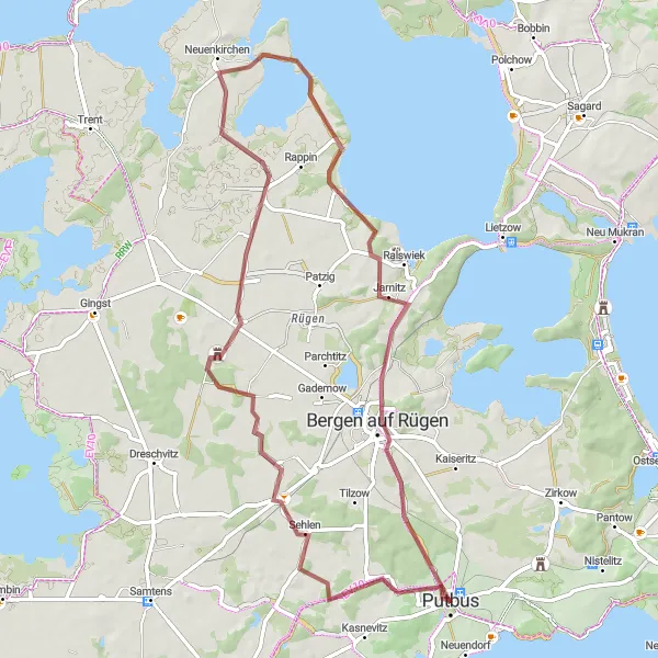 Map miniature of "Putbus Countryside Gravel Adventure" cycling inspiration in Mecklenburg-Vorpommern, Germany. Generated by Tarmacs.app cycling route planner