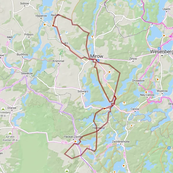 Map miniature of "Gravel adventure in Lärz and surroundings" cycling inspiration in Mecklenburg-Vorpommern, Germany. Generated by Tarmacs.app cycling route planner