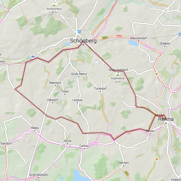 Map miniature of "Scenic countryside of Schönberg and Kappenberg" cycling inspiration in Mecklenburg-Vorpommern, Germany. Generated by Tarmacs.app cycling route planner