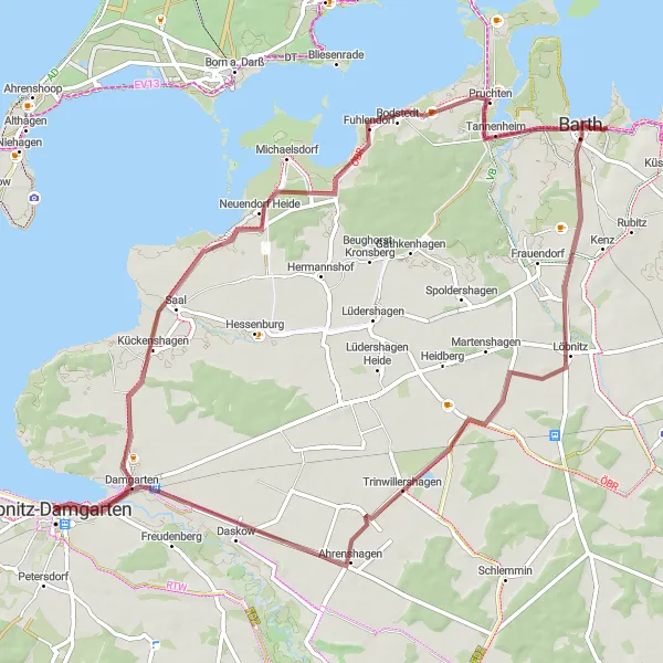 Map miniature of "Saal Loop Trail" cycling inspiration in Mecklenburg-Vorpommern, Germany. Generated by Tarmacs.app cycling route planner