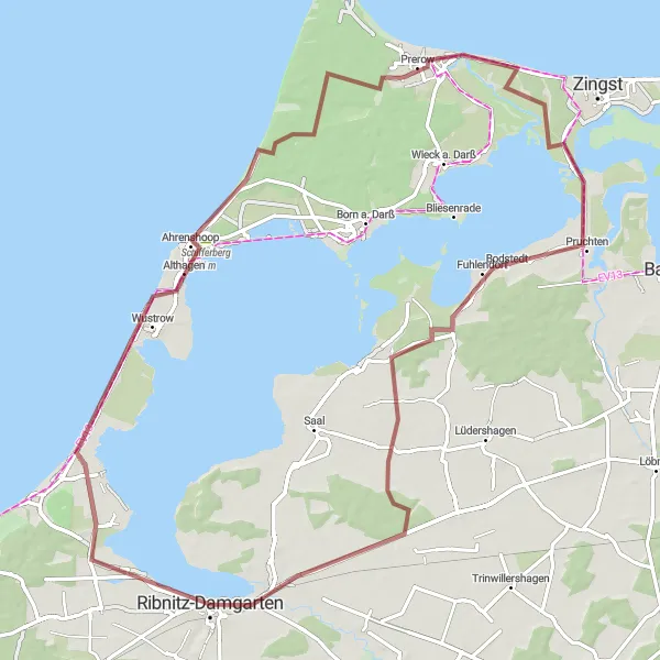 Map miniature of "Ribnitz-Damgarten Coastal Escape" cycling inspiration in Mecklenburg-Vorpommern, Germany. Generated by Tarmacs.app cycling route planner