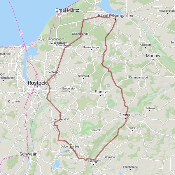 Map miniature of "Ribnitz-Damgarten Gravel Adventure" cycling inspiration in Mecklenburg-Vorpommern, Germany. Generated by Tarmacs.app cycling route planner