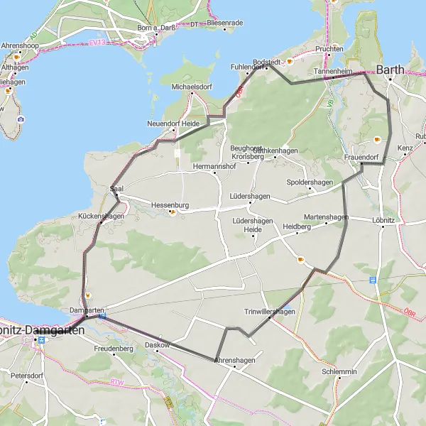 Map miniature of "Ribnitz-Damgarten to Saal Round-Trip" cycling inspiration in Mecklenburg-Vorpommern, Germany. Generated by Tarmacs.app cycling route planner