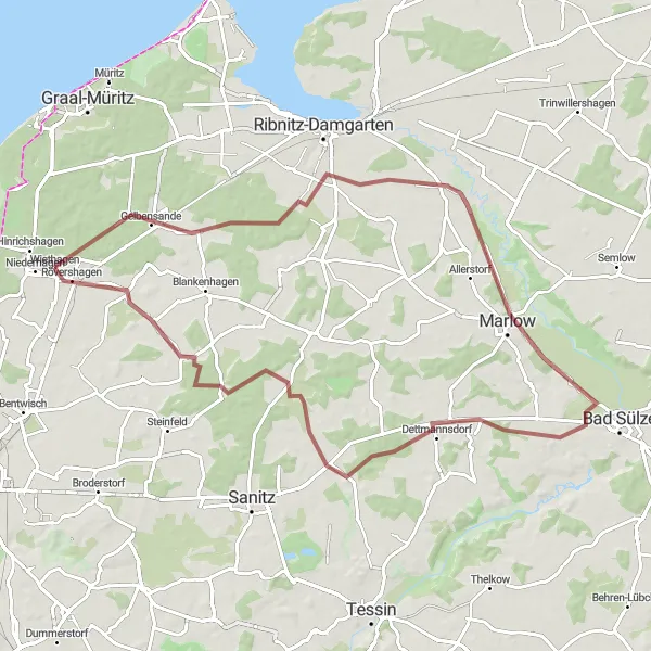 Map miniature of "Gravel Exploration Tour" cycling inspiration in Mecklenburg-Vorpommern, Germany. Generated by Tarmacs.app cycling route planner