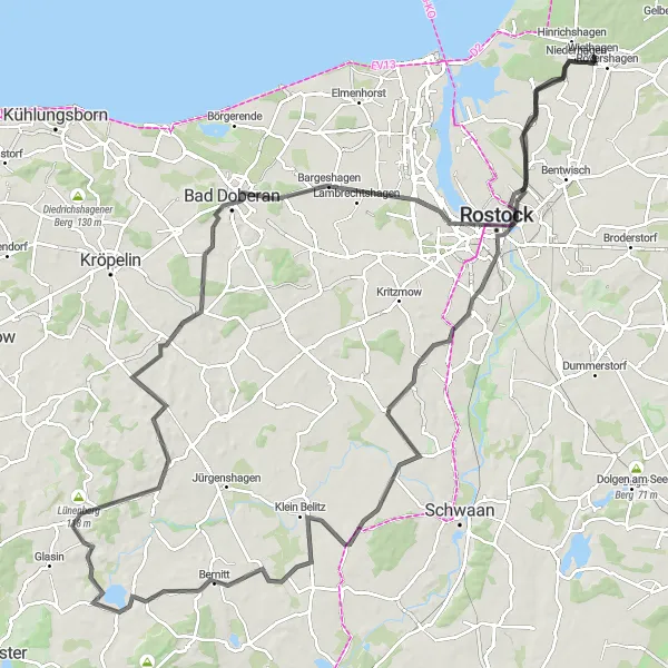 Map miniature of "Rostock Loop" cycling inspiration in Mecklenburg-Vorpommern, Germany. Generated by Tarmacs.app cycling route planner