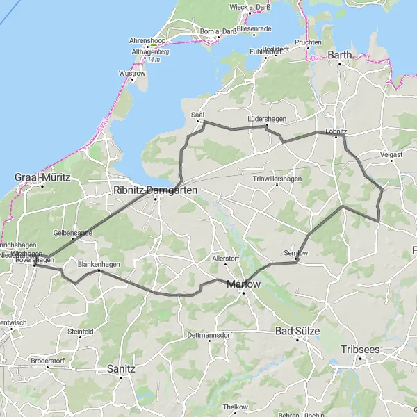 Karten-Miniaturansicht der Radinspiration "Eine anspruchsvolle Tour durch die Region" in Mecklenburg-Vorpommern, Germany. Erstellt vom Tarmacs.app-Routenplaner für Radtouren