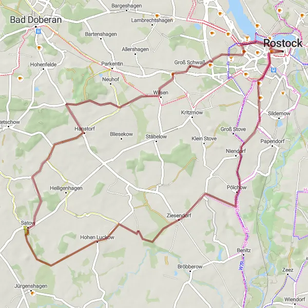 Map miniature of "Rostock to Ziesendorf - A Rural Gravel Adventure" cycling inspiration in Mecklenburg-Vorpommern, Germany. Generated by Tarmacs.app cycling route planner