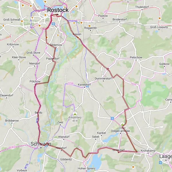 Map miniature of "Rostock Hill Challenge - Conquer the Gravel Slopes" cycling inspiration in Mecklenburg-Vorpommern, Germany. Generated by Tarmacs.app cycling route planner