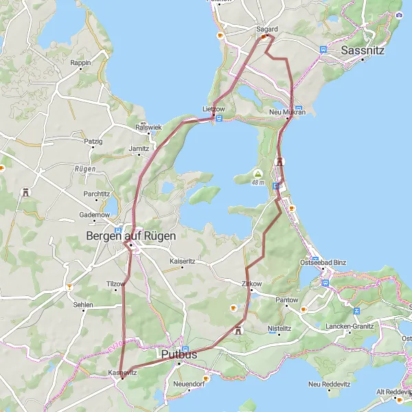 Map miniature of "Exploring Prora and Bergen auf Rügen Gravel Epic" cycling inspiration in Mecklenburg-Vorpommern, Germany. Generated by Tarmacs.app cycling route planner