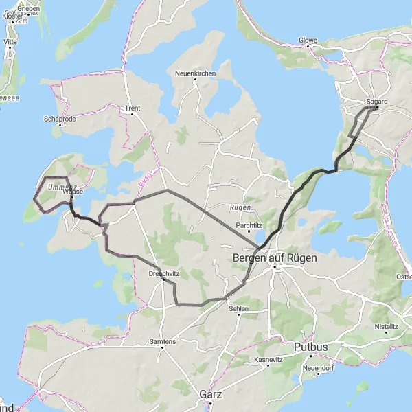 Map miniature of "Lietzow and Ummanz Loop" cycling inspiration in Mecklenburg-Vorpommern, Germany. Generated by Tarmacs.app cycling route planner