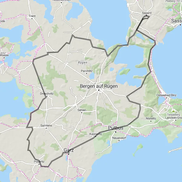 Map miniature of "Prora - Putbus - Poseritz - Gingst - Lietzow - Blick nach Ralswiek Route" cycling inspiration in Mecklenburg-Vorpommern, Germany. Generated by Tarmacs.app cycling route planner