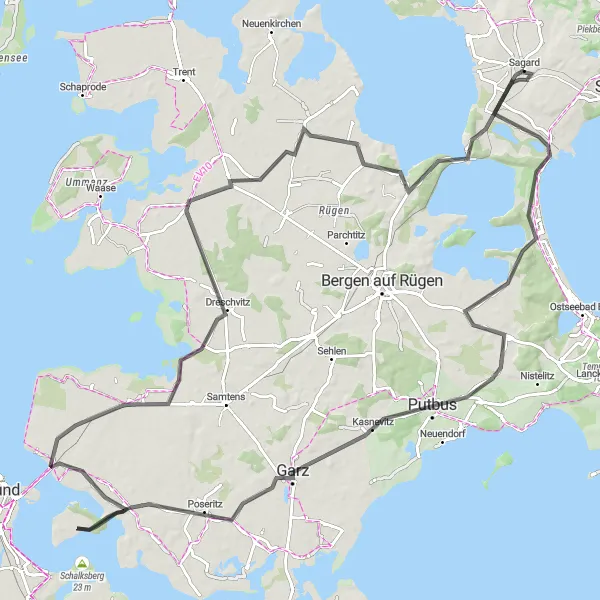 Map miniature of "Prora - Garz - Gustow - Rambin - Dreschvitz - Ralswiek Route" cycling inspiration in Mecklenburg-Vorpommern, Germany. Generated by Tarmacs.app cycling route planner