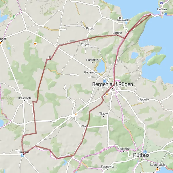 Map miniature of "Rügen and Samtens Gravel Cycling Tour" cycling inspiration in Mecklenburg-Vorpommern, Germany. Generated by Tarmacs.app cycling route planner