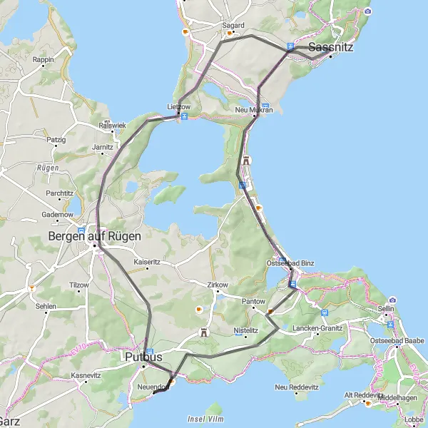 Map miniature of "Coastal Route to Binz and Beyond - Road Cycling Journey" cycling inspiration in Mecklenburg-Vorpommern, Germany. Generated by Tarmacs.app cycling route planner