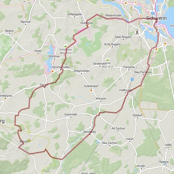 Karten-Miniaturansicht der Radinspiration "Schwerin und Umgebung entdecken" in Mecklenburg-Vorpommern, Germany. Erstellt vom Tarmacs.app-Routenplaner für Radtouren