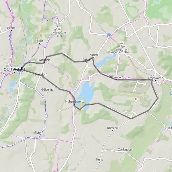 Map miniature of "Schwaan to Wiendorf Road Cycling Route" cycling inspiration in Mecklenburg-Vorpommern, Germany. Generated by Tarmacs.app cycling route planner