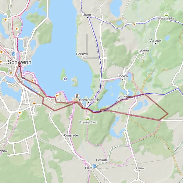Map miniature of "Schwerin to Schwerin Castle to Adebors Näs to Raben Steinfeld to Pinnower See to Feldstadt and back" cycling inspiration in Mecklenburg-Vorpommern, Germany. Generated by Tarmacs.app cycling route planner