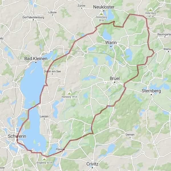Map miniature of "Schwerin to Qualitz to Weitendorf to Pinnow to Pinnower See to Schlossblick to Schwerin Castle and back" cycling inspiration in Mecklenburg-Vorpommern, Germany. Generated by Tarmacs.app cycling route planner