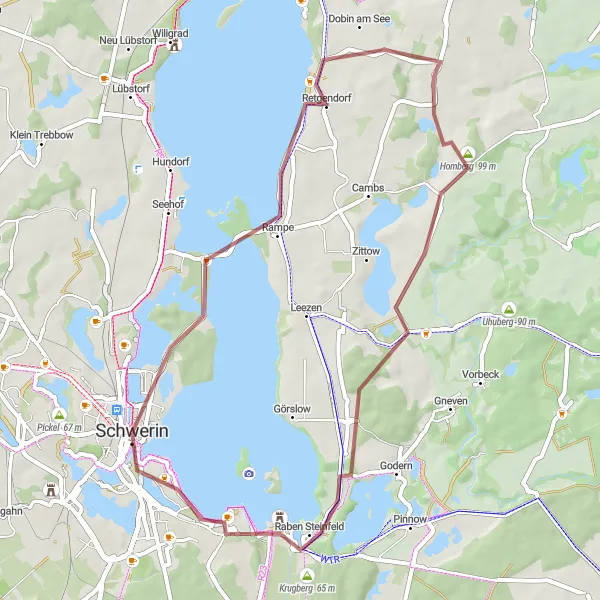 Map miniature of "Schwerin to Liessow to Homberg to Krugberg to Mueß to Schlossblick to Schwerin Castle and back" cycling inspiration in Mecklenburg-Vorpommern, Germany. Generated by Tarmacs.app cycling route planner