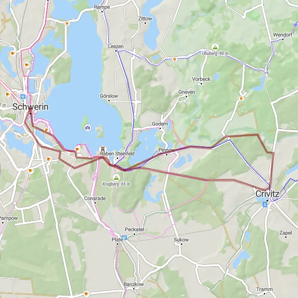 Map miniature of "Lake Crivitz Gravel Loop" cycling inspiration in Mecklenburg-Vorpommern, Germany. Generated by Tarmacs.app cycling route planner