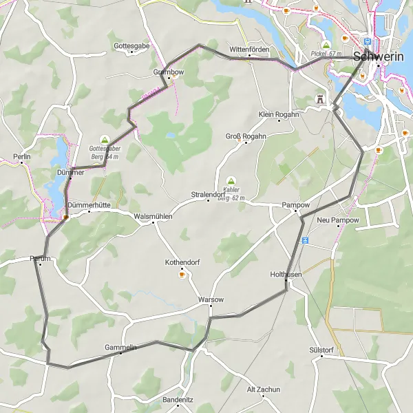 Map miniature of "Schwerin to Holthusen to Hülseburg to Gottesgaber Berg to Grambow to Sacktannen to Pickel and back" cycling inspiration in Mecklenburg-Vorpommern, Germany. Generated by Tarmacs.app cycling route planner