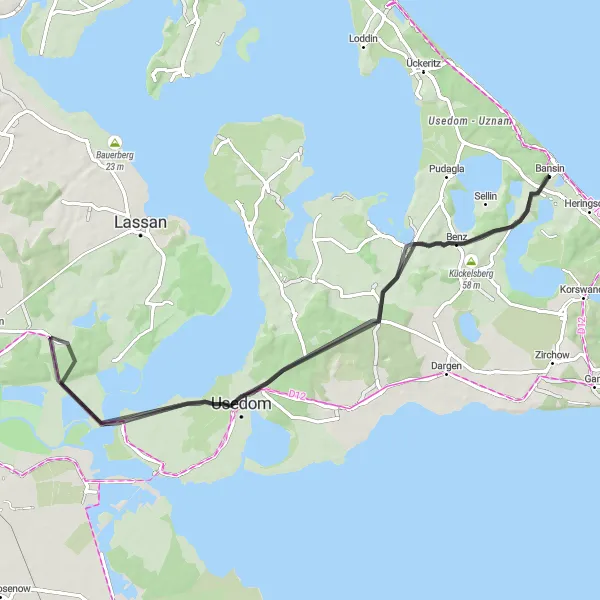 Map miniature of "Neppermin and Petersberg Loop" cycling inspiration in Mecklenburg-Vorpommern, Germany. Generated by Tarmacs.app cycling route planner