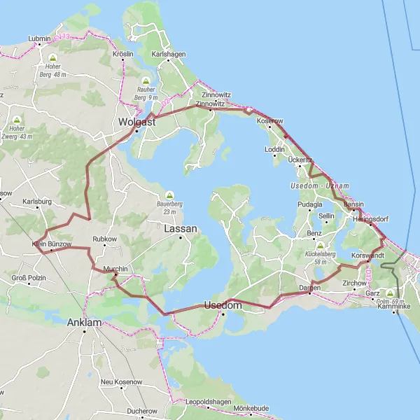 Map miniature of "The Gauntlet of Adventure" cycling inspiration in Mecklenburg-Vorpommern, Germany. Generated by Tarmacs.app cycling route planner