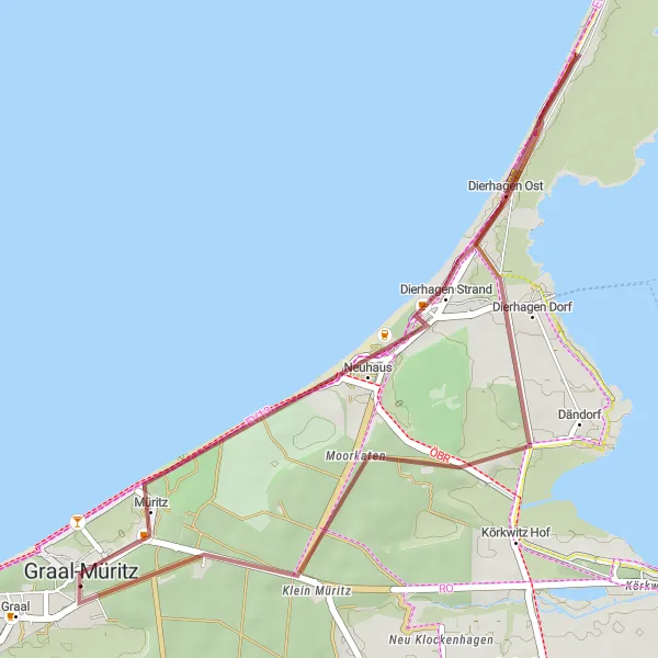 Map miniature of "Graal-Müritz to Müritz Gravel Ride" cycling inspiration in Mecklenburg-Vorpommern, Germany. Generated by Tarmacs.app cycling route planner