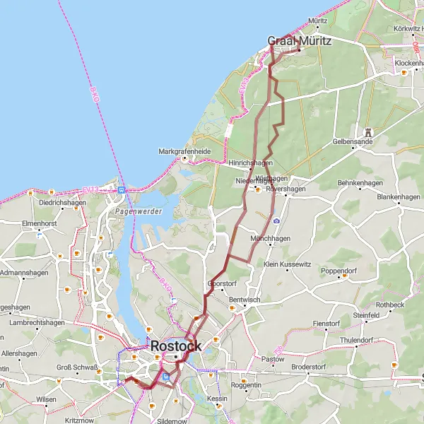 Map miniature of "The Hinrichshagen and Rostock Loop" cycling inspiration in Mecklenburg-Vorpommern, Germany. Generated by Tarmacs.app cycling route planner
