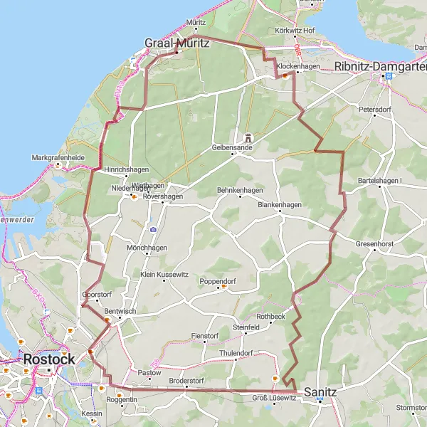 Map miniature of "From Klockenhagen to Moorhof" cycling inspiration in Mecklenburg-Vorpommern, Germany. Generated by Tarmacs.app cycling route planner