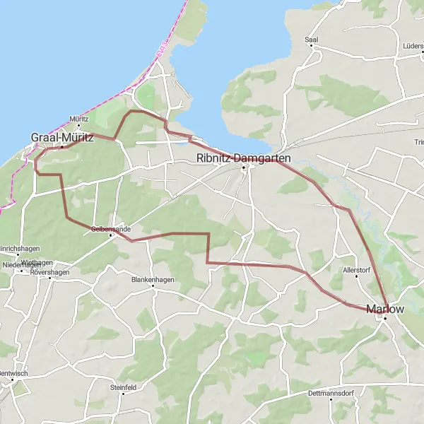Map miniature of "Ribnitzer See and Gelbensande Exploration" cycling inspiration in Mecklenburg-Vorpommern, Germany. Generated by Tarmacs.app cycling route planner