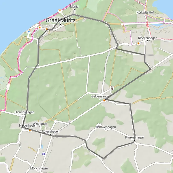 Karten-Miniaturansicht der Radinspiration "Rundweg Blankenhagen Road Route" in Mecklenburg-Vorpommern, Germany. Erstellt vom Tarmacs.app-Routenplaner für Radtouren