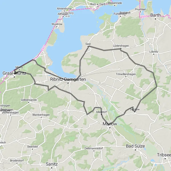 Karten-Miniaturansicht der Radinspiration "Ribnitz-Damgarten Loop Road Route" in Mecklenburg-Vorpommern, Germany. Erstellt vom Tarmacs.app-Routenplaner für Radtouren