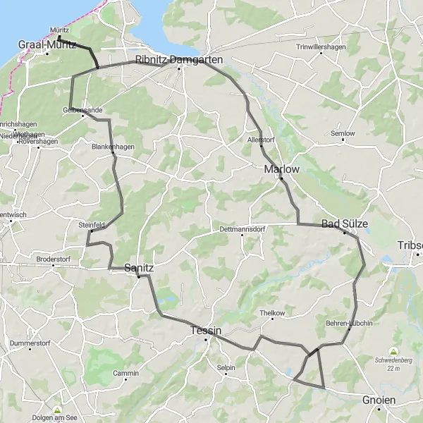 Map miniature of "Graal-Müritz to Müritz Legendary Road Ride" cycling inspiration in Mecklenburg-Vorpommern, Germany. Generated by Tarmacs.app cycling route planner