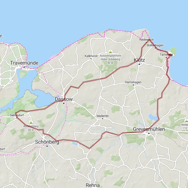 Map miniature of "Dassow to Bockholzberg Adventure" cycling inspiration in Mecklenburg-Vorpommern, Germany. Generated by Tarmacs.app cycling route planner