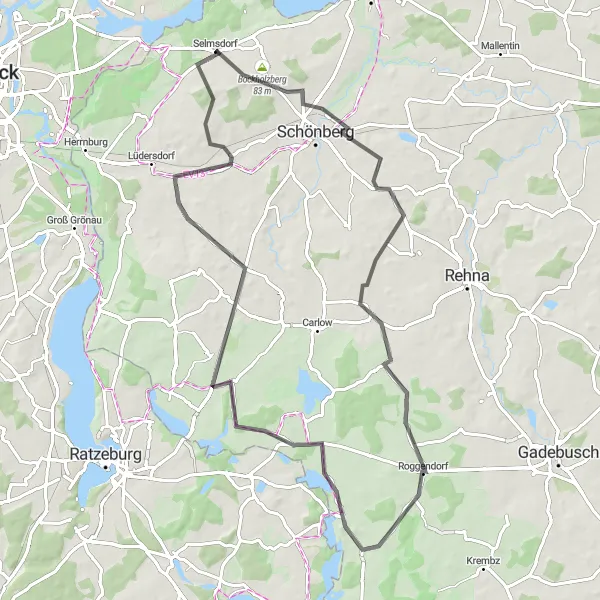 Map miniature of "Kappenberg - Rieps Road Trip" cycling inspiration in Mecklenburg-Vorpommern, Germany. Generated by Tarmacs.app cycling route planner