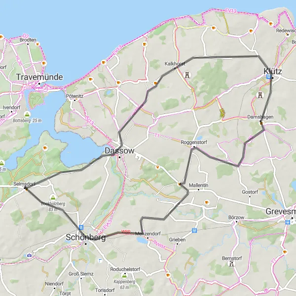 Map miniature of "Dassow - Menzendorf Road Trip" cycling inspiration in Mecklenburg-Vorpommern, Germany. Generated by Tarmacs.app cycling route planner