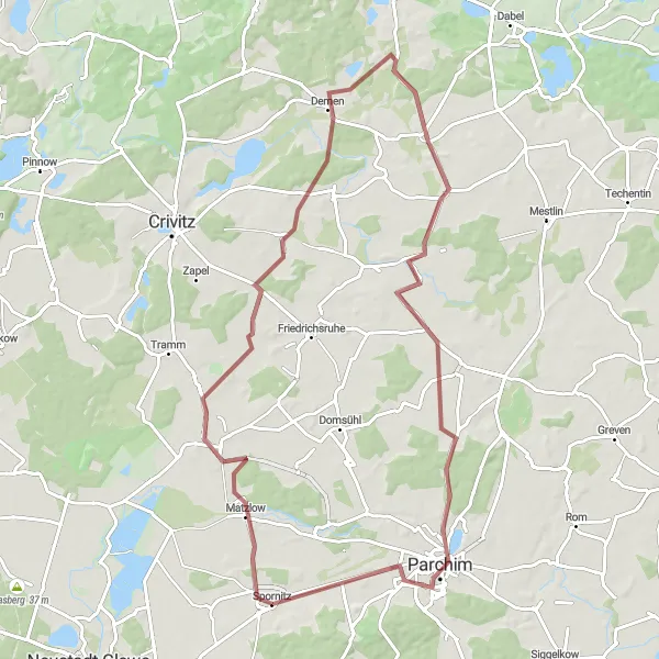 Map miniature of "Gravel Tranquility" cycling inspiration in Mecklenburg-Vorpommern, Germany. Generated by Tarmacs.app cycling route planner