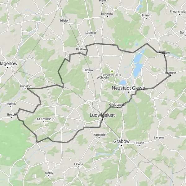 Map miniature of "Leussow and the Mühlenberg Challenge" cycling inspiration in Mecklenburg-Vorpommern, Germany. Generated by Tarmacs.app cycling route planner
