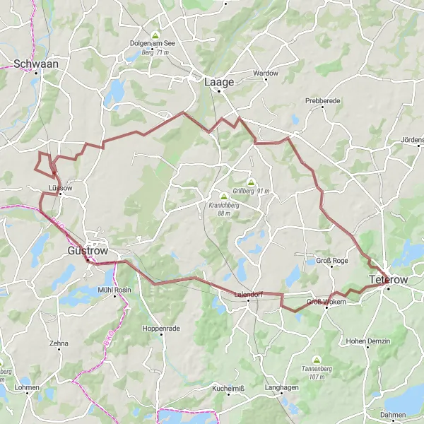 Map miniature of "Gravel Adventure to Güstrow" cycling inspiration in Mecklenburg-Vorpommern, Germany. Generated by Tarmacs.app cycling route planner