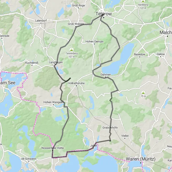Map miniature of "Teterow Round-Trip" cycling inspiration in Mecklenburg-Vorpommern, Germany. Generated by Tarmacs.app cycling route planner
