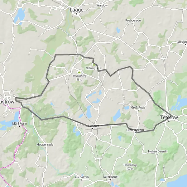 Map miniature of "Explore the Countryside: Lalendorf Loop" cycling inspiration in Mecklenburg-Vorpommern, Germany. Generated by Tarmacs.app cycling route planner