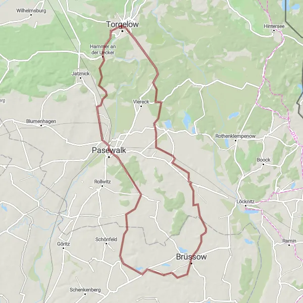 Map miniature of "Gravel Cycling Adventure: Exploring Torgelow's Surroundings" cycling inspiration in Mecklenburg-Vorpommern, Germany. Generated by Tarmacs.app cycling route planner