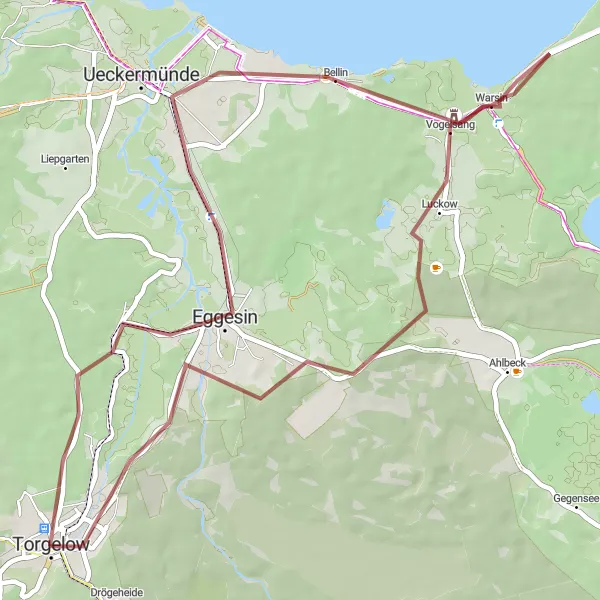 Map miniature of "Torgelow to Eggesin and Back" cycling inspiration in Mecklenburg-Vorpommern, Germany. Generated by Tarmacs.app cycling route planner