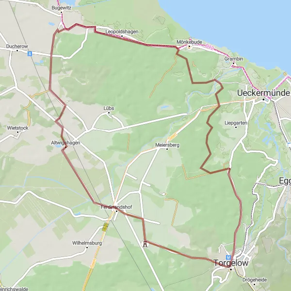 Map miniature of "Uecker Gravel Adventure" cycling inspiration in Mecklenburg-Vorpommern, Germany. Generated by Tarmacs.app cycling route planner