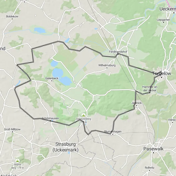 Map miniature of "Road Cycling Paradise: Torgelow and Beyond" cycling inspiration in Mecklenburg-Vorpommern, Germany. Generated by Tarmacs.app cycling route planner