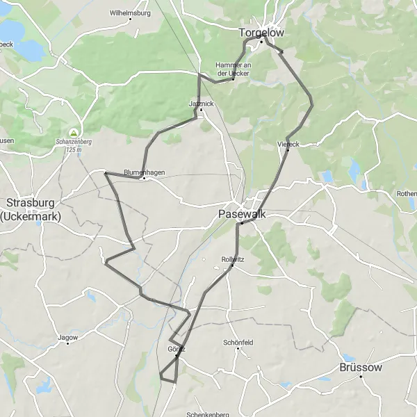 Map miniature of "Around Torgelow: A Scenic Road Cycling Adventure" cycling inspiration in Mecklenburg-Vorpommern, Germany. Generated by Tarmacs.app cycling route planner