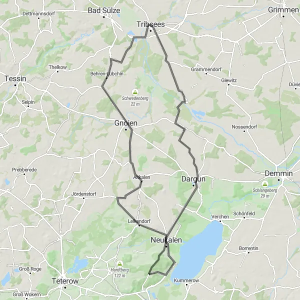 Map miniature of "Challenging Road Cycling Challenge from Tribsees to Kronsberg" cycling inspiration in Mecklenburg-Vorpommern, Germany. Generated by Tarmacs.app cycling route planner