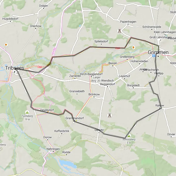Map miniature of "Gremersdorf Loop" cycling inspiration in Mecklenburg-Vorpommern, Germany. Generated by Tarmacs.app cycling route planner